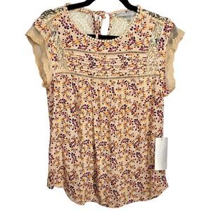 NWT, Daniel Rainn, Size Small, Pink Crochet Trim Blouse, Lace Sleeves, Floral